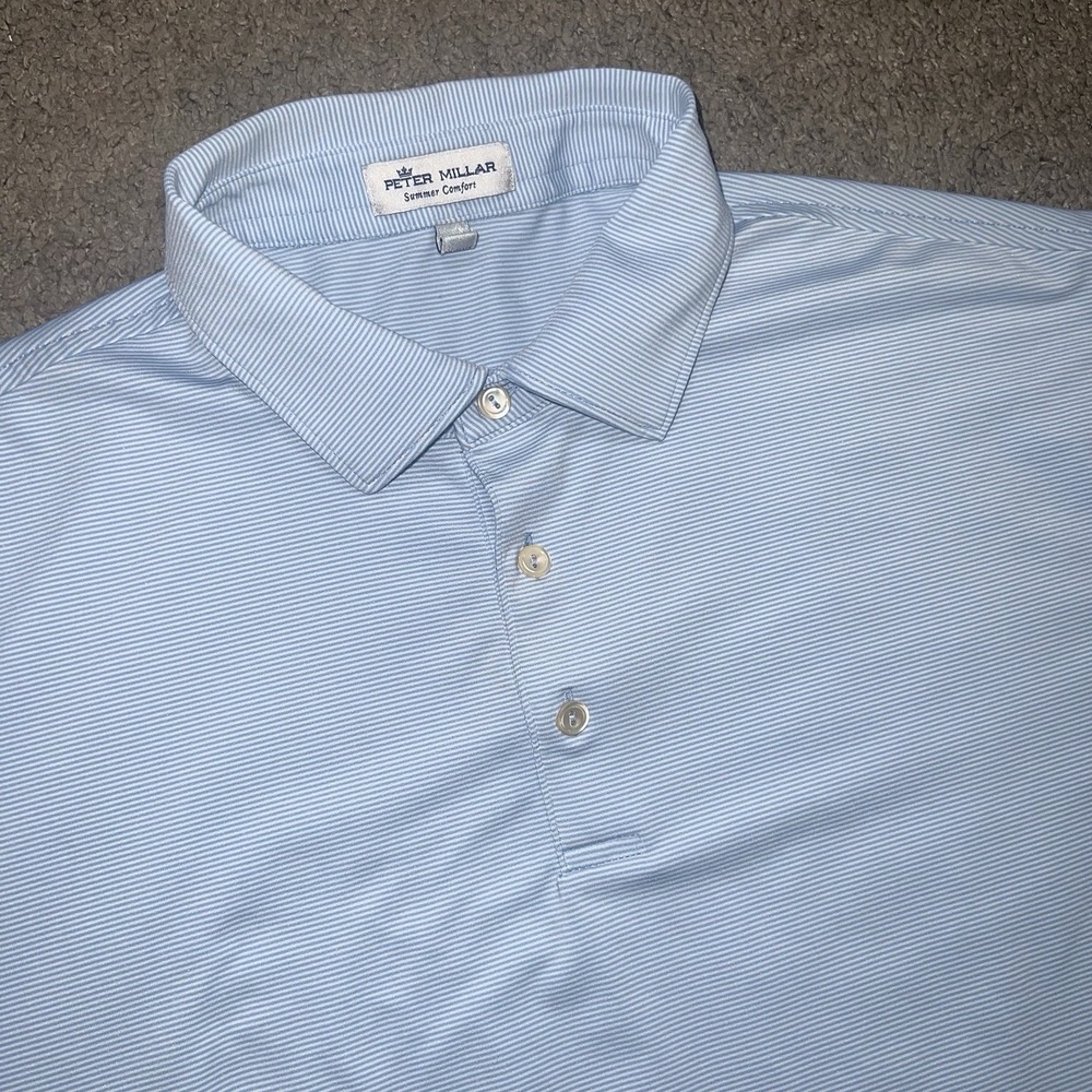 Peter Millar Polo Shirt Mens Large Blue Summer Comfort Striped Performance Golf